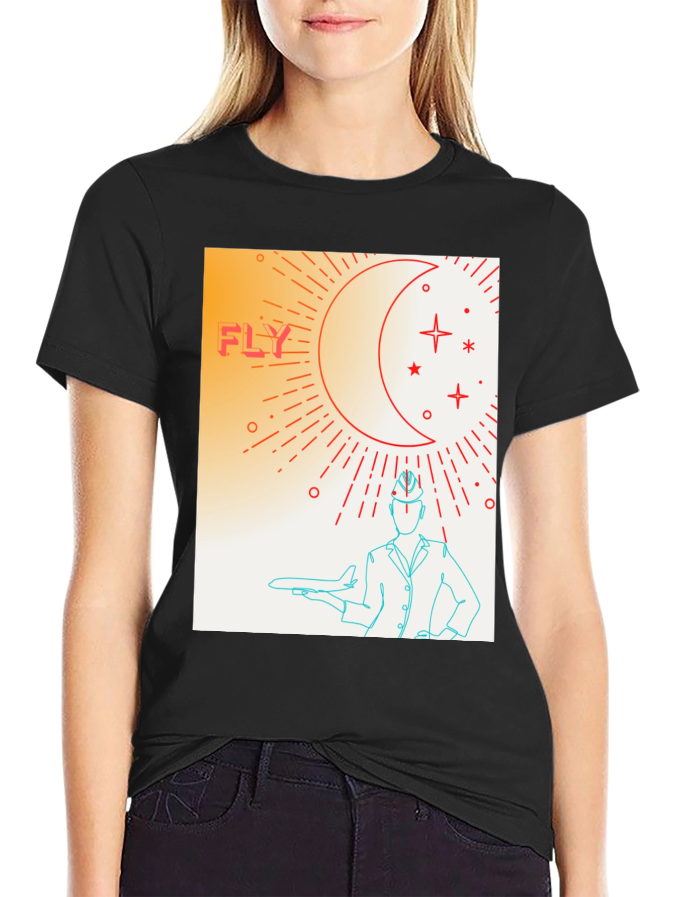 Fly High Graphic Tee - Airplane & Stars Design