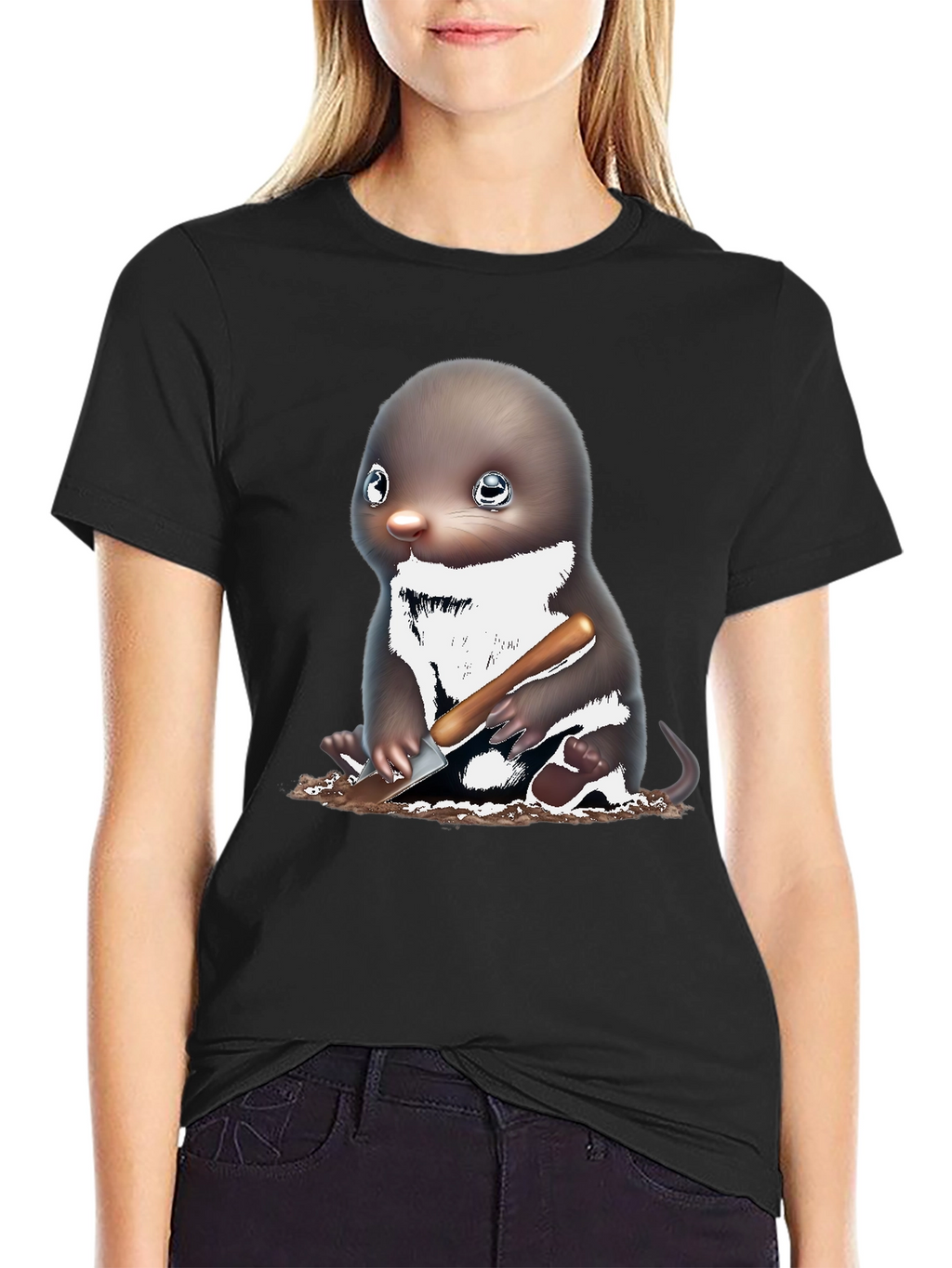 Mole Digging T-Shirt Black Cotton Tee