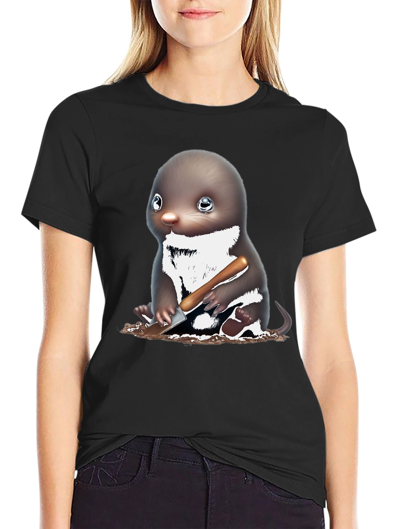 Mole Digging T-Shirt Black Cotton Tee