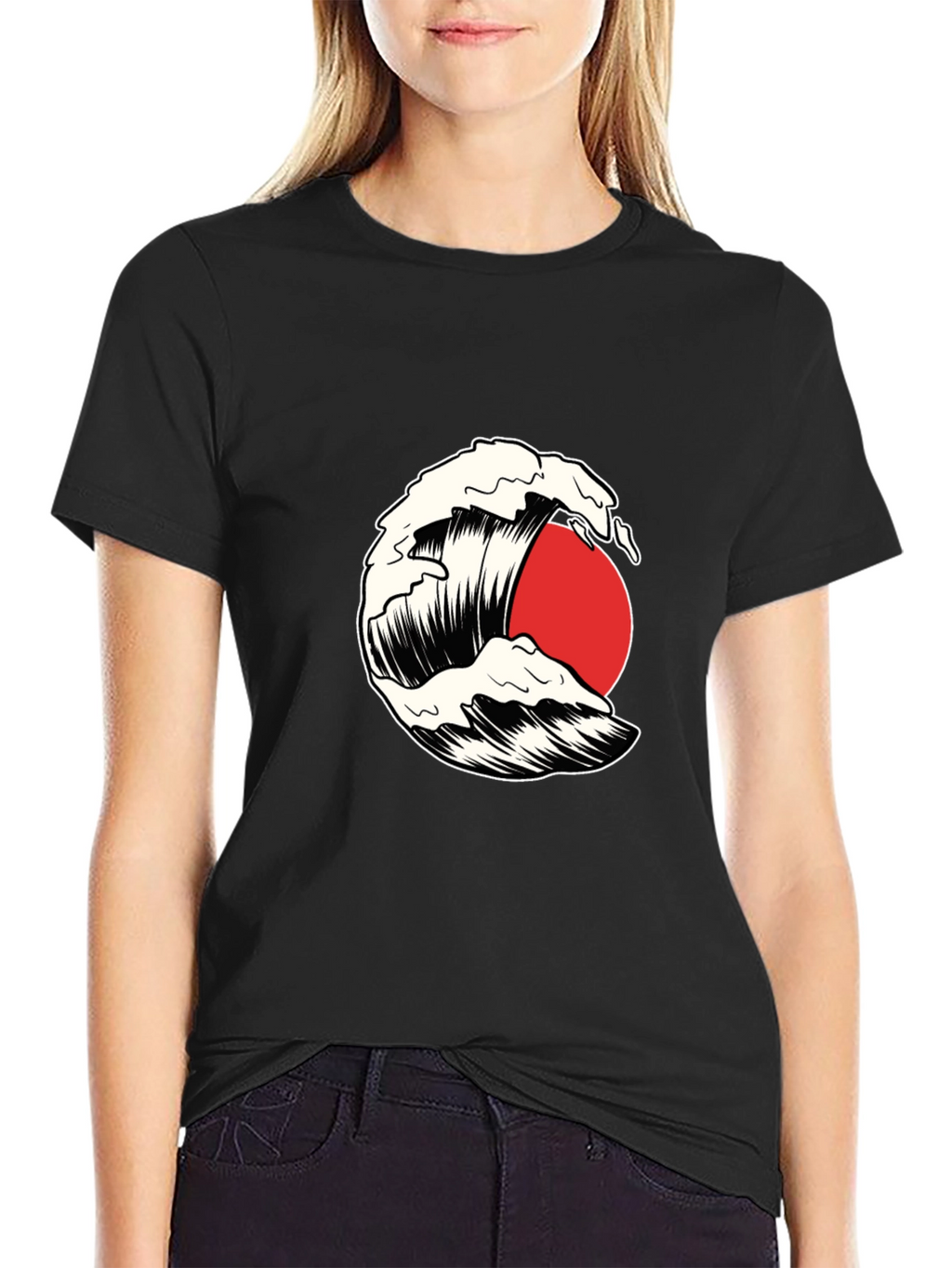 Wave and Sun Graphic Tee - Black Cotton T-Shirt