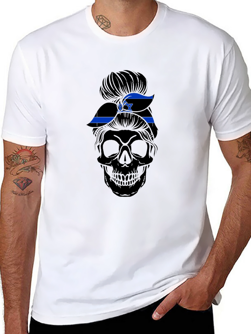 Skull Messy Bun Israel Flag T-Shirt
