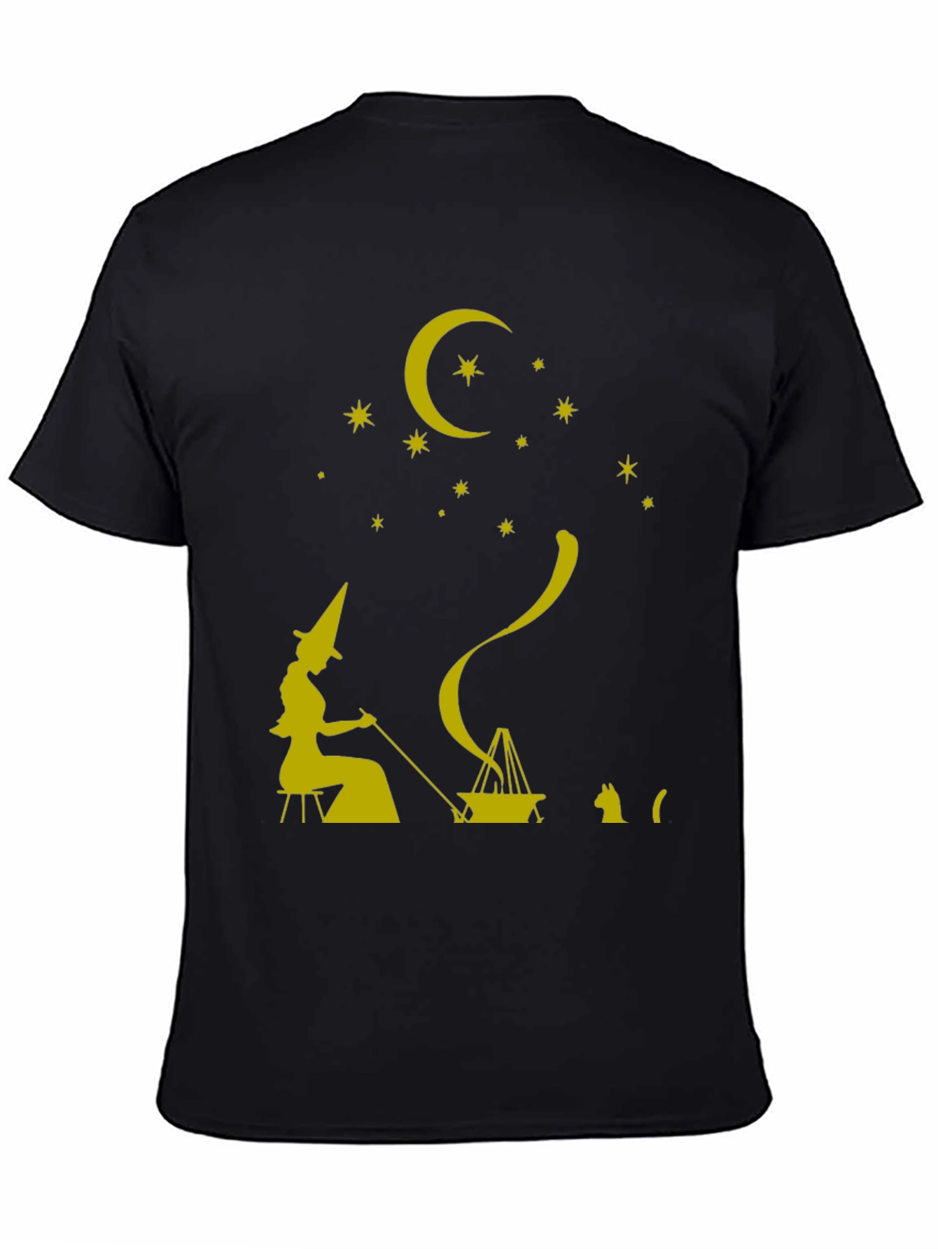 Whimsical Witch & Cat Graphic Tee - Unisex Black T-Shirt