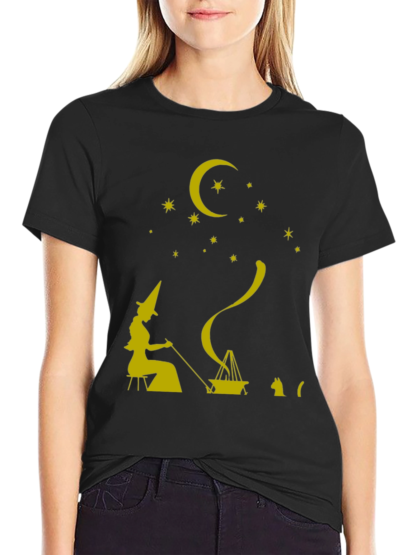 Whimsical Witch & Cat Graphic Tee - Unisex Black T-Shirt