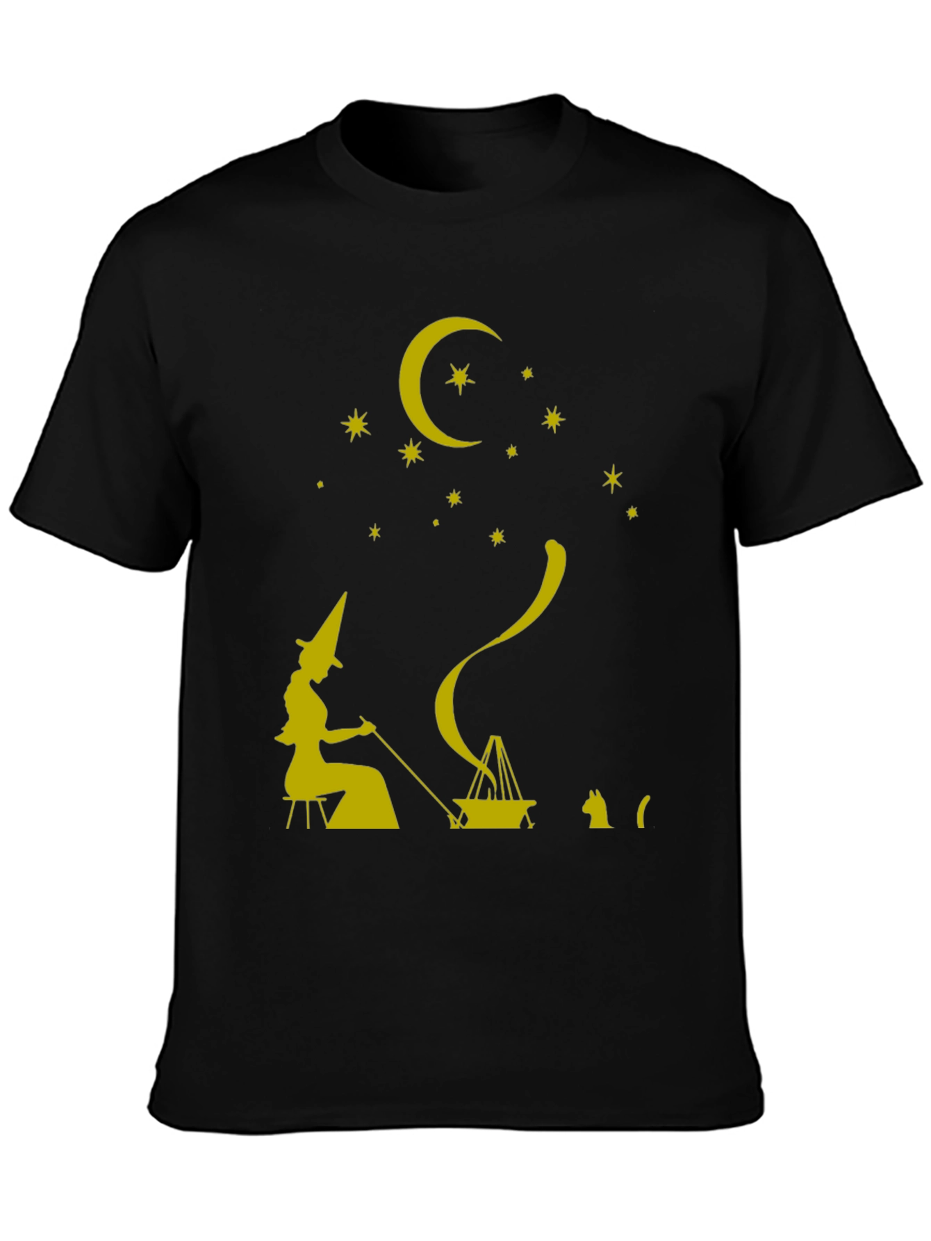 Whimsical Witch & Cat Graphic Tee - Unisex Black T-Shirt
