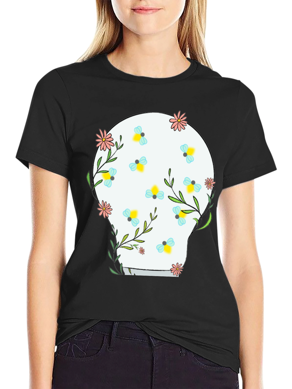 Floral Skull Graphic Tee - Black