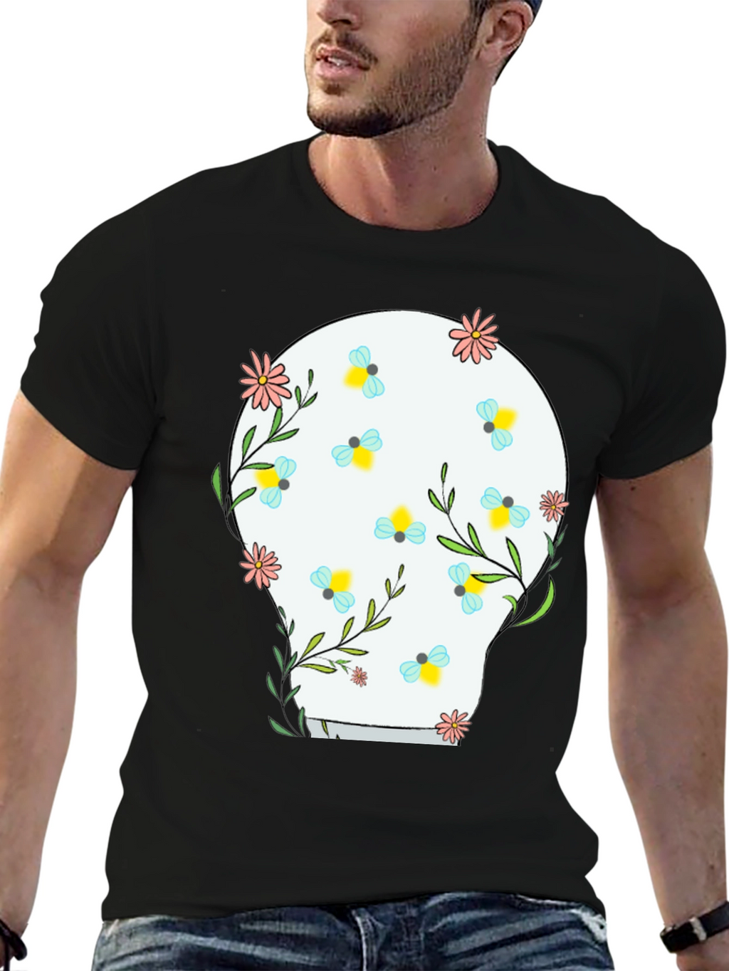 Floral Skull Graphic Tee - Black