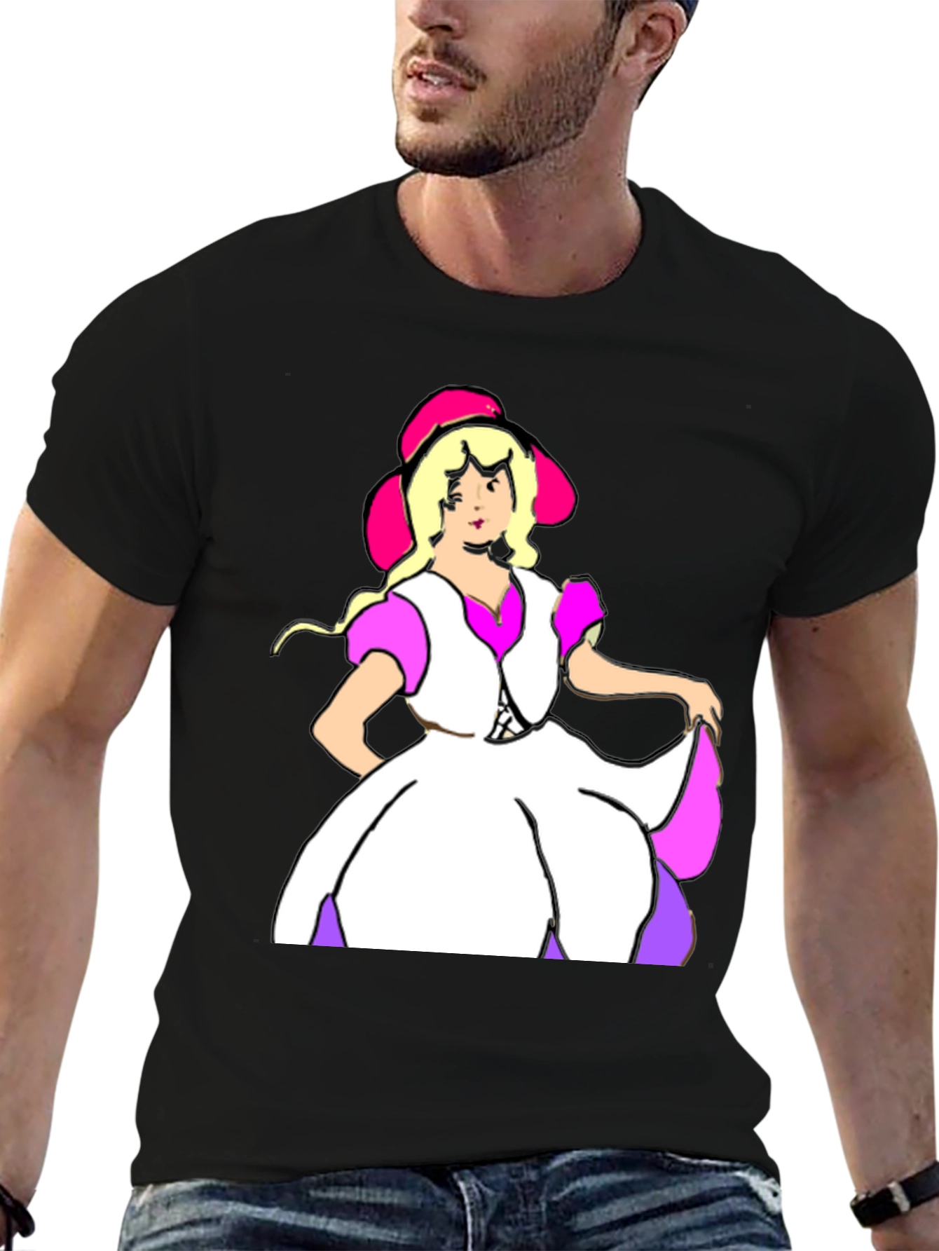 Cartoon Dress Lady Black Tee