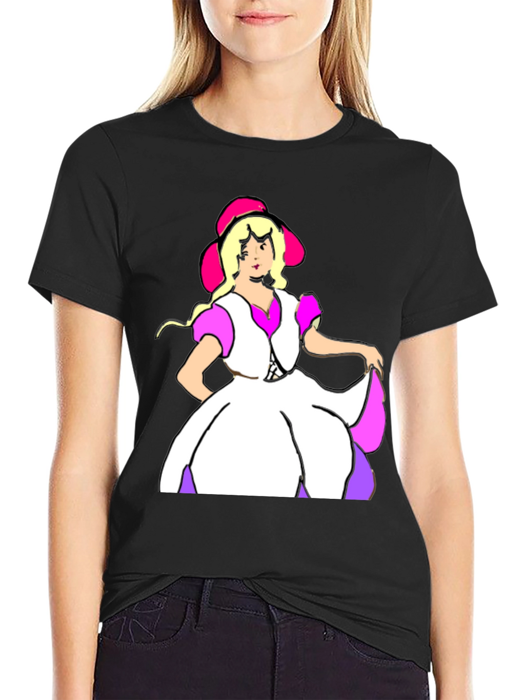 Cartoon Dress Lady Black Tee