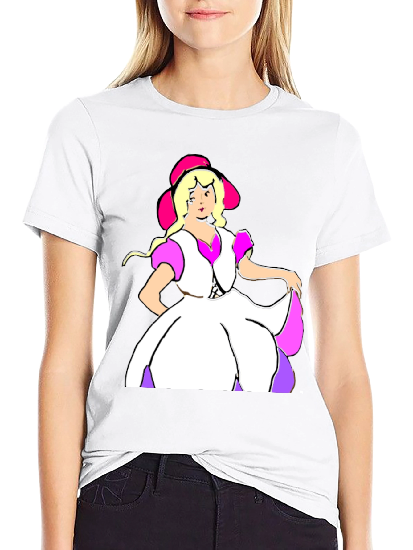 Cartoon Dress Lady Black Tee