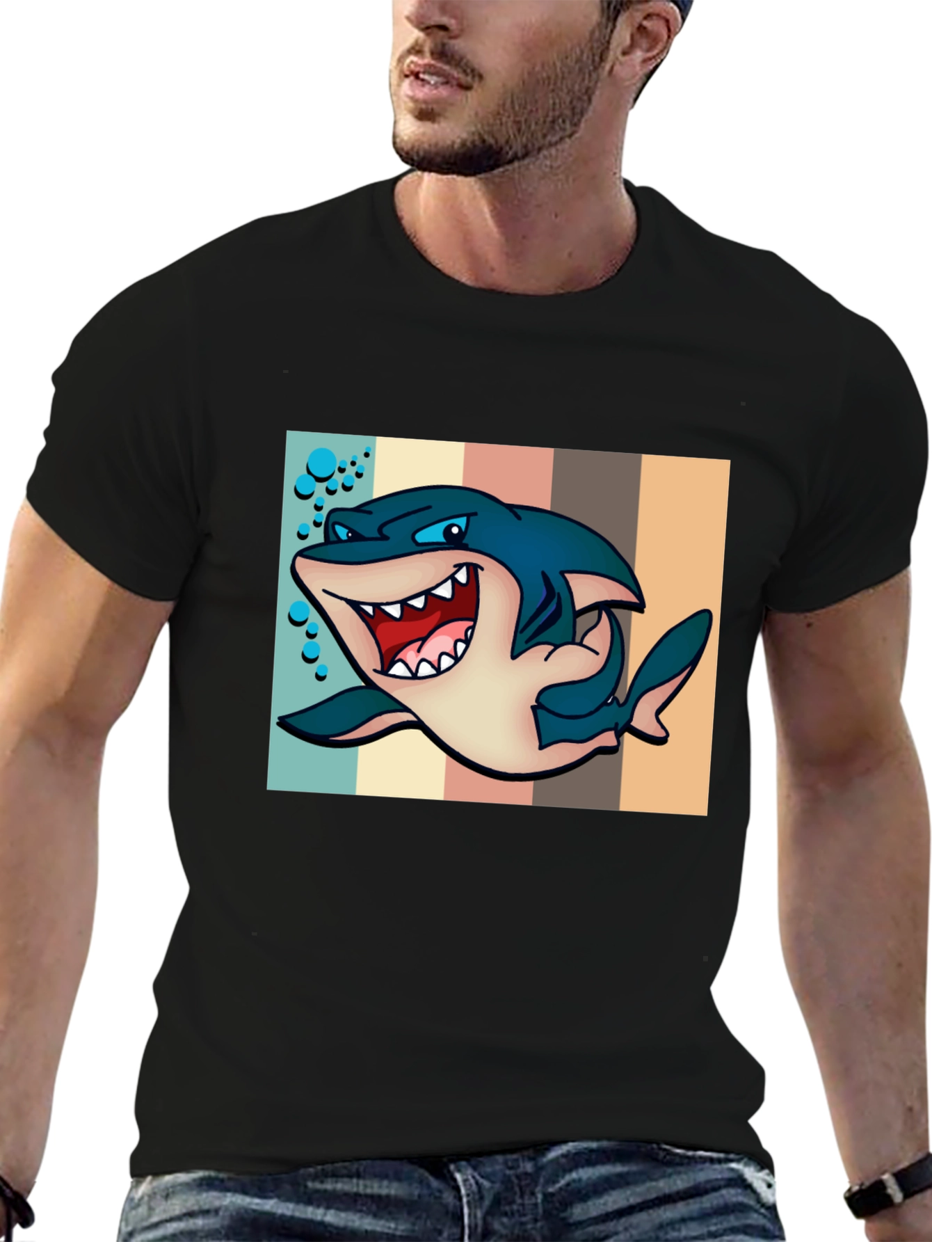 Cartoon Shark Graphic Tee - Mens Black T-Shirt