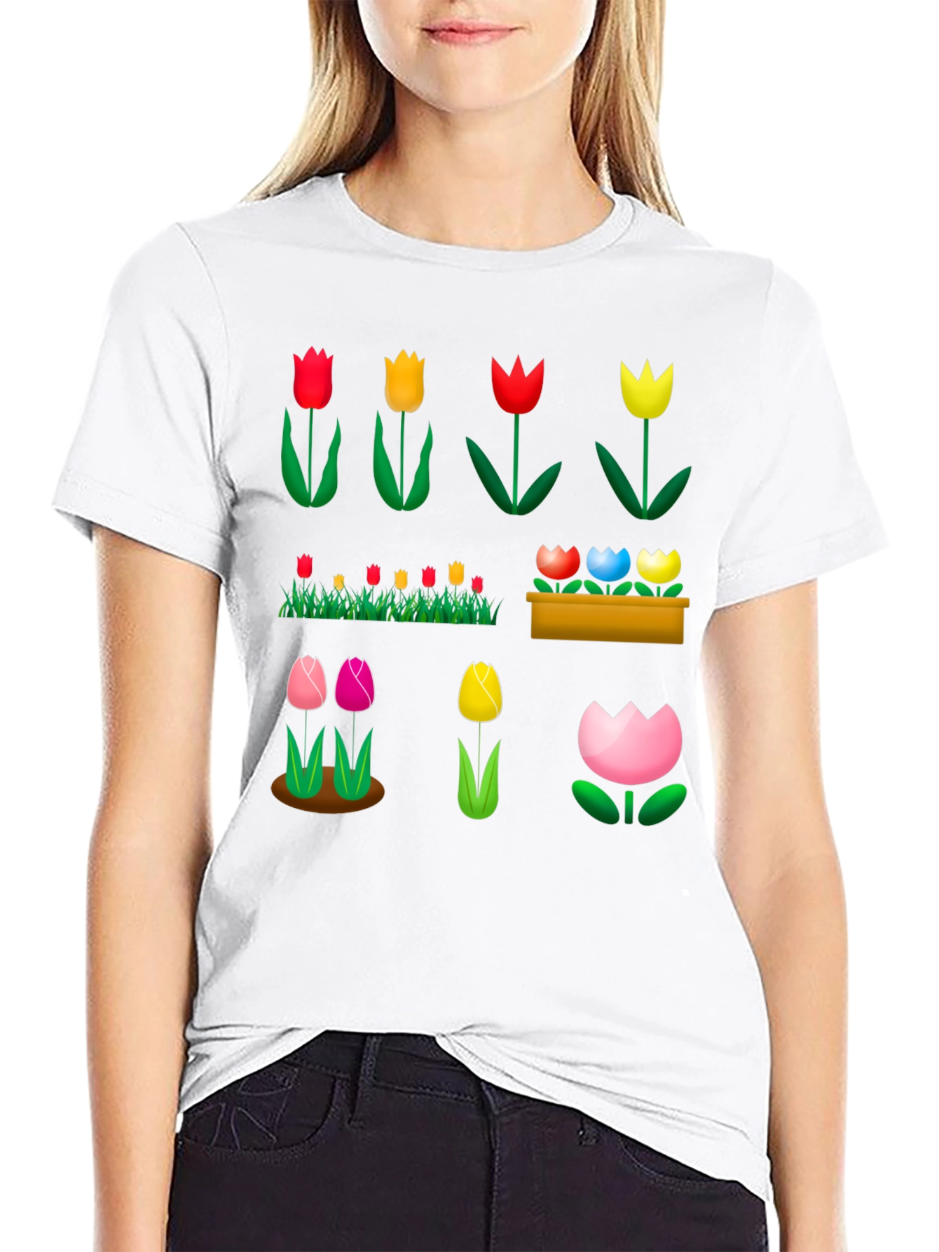 Floral Tulip Garden Black T-Shirt