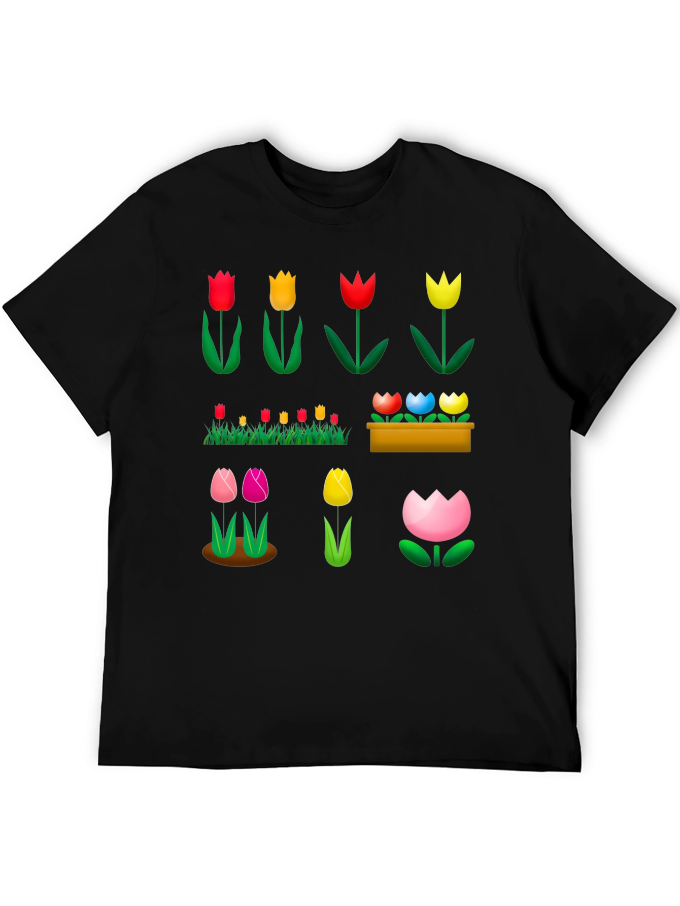Floral Tulip Garden Black T-Shirt