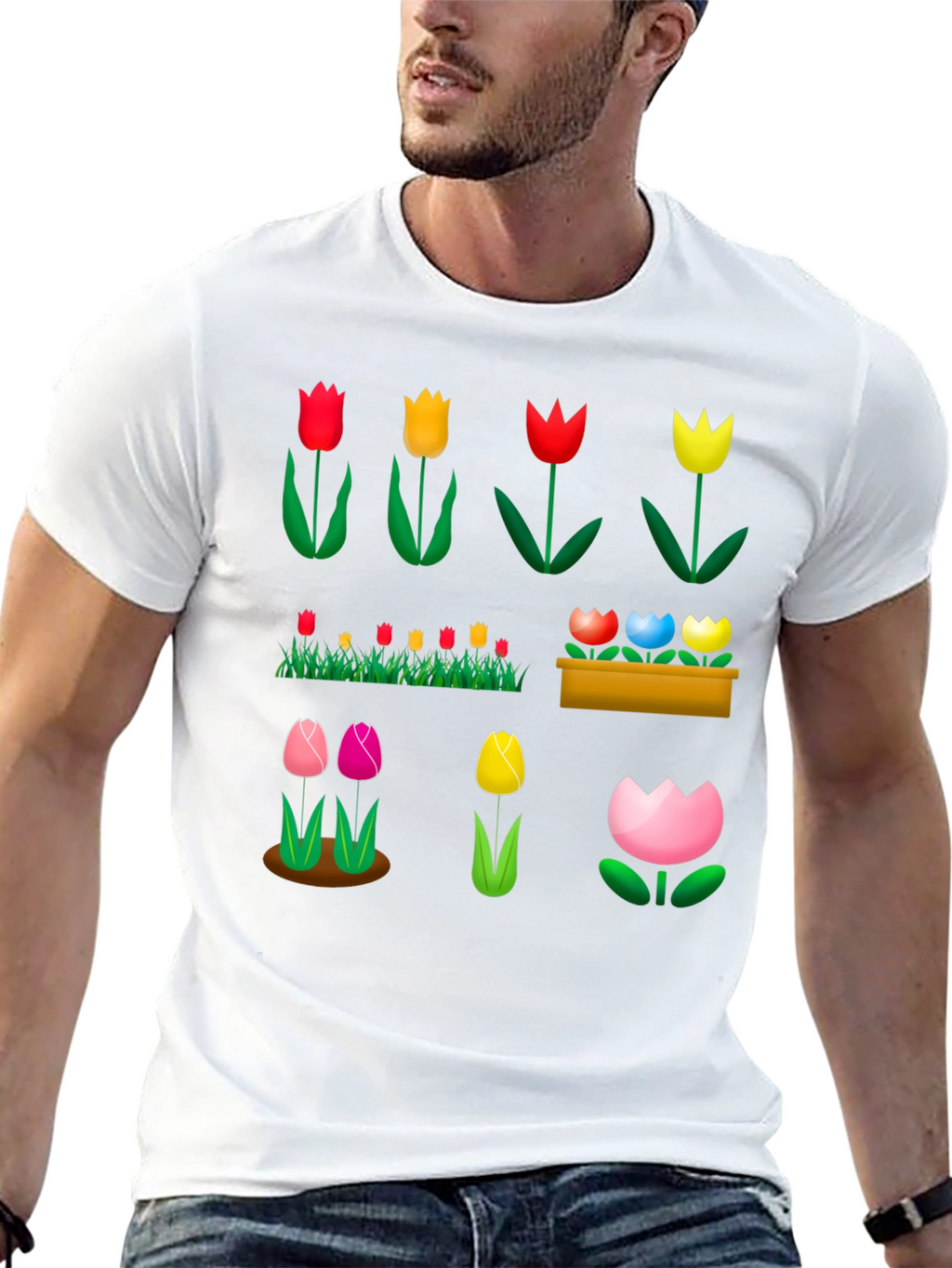Floral Tulip Garden Black T-Shirt