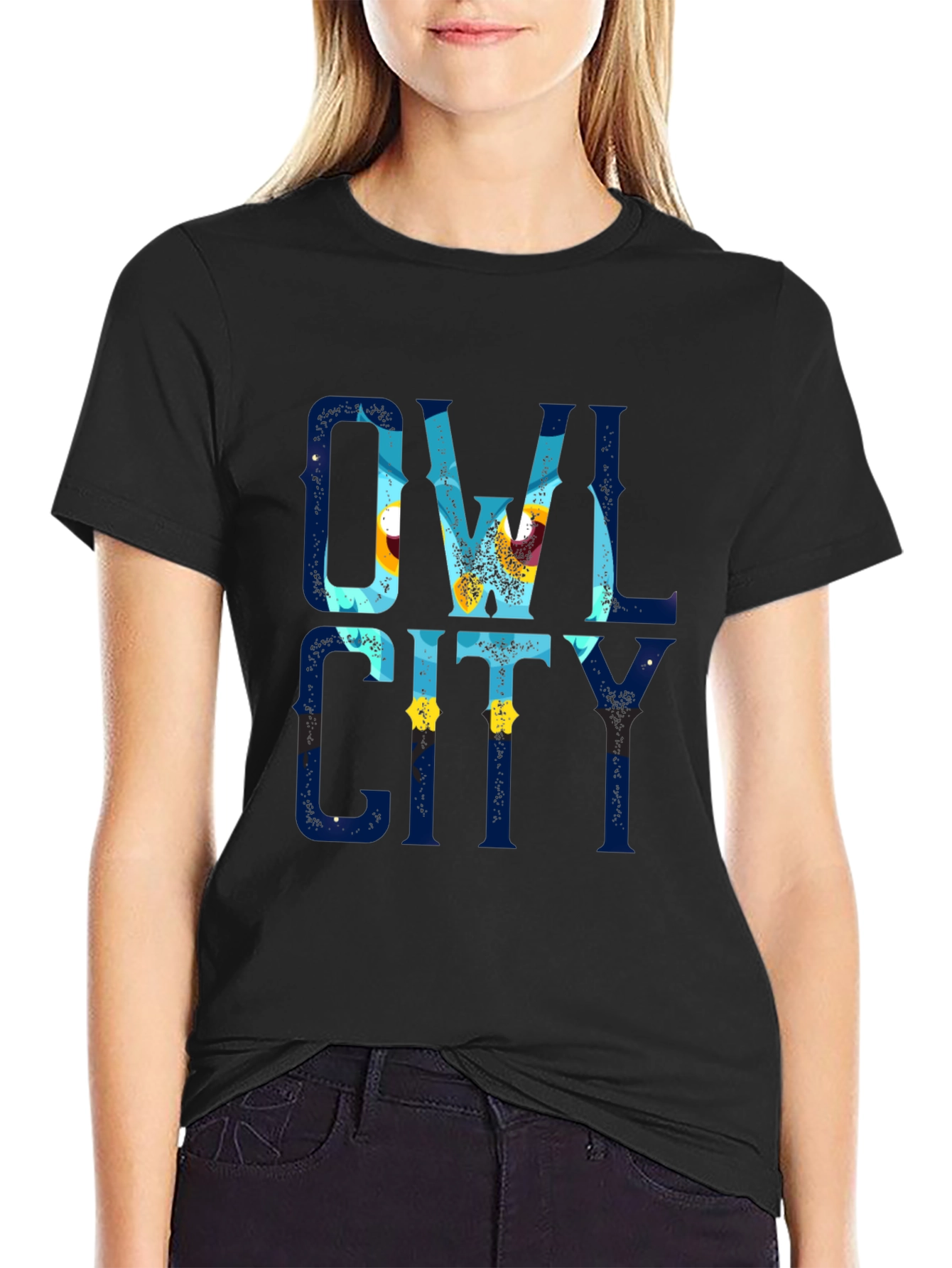 Owl City Graphic Print Black T-Shirt