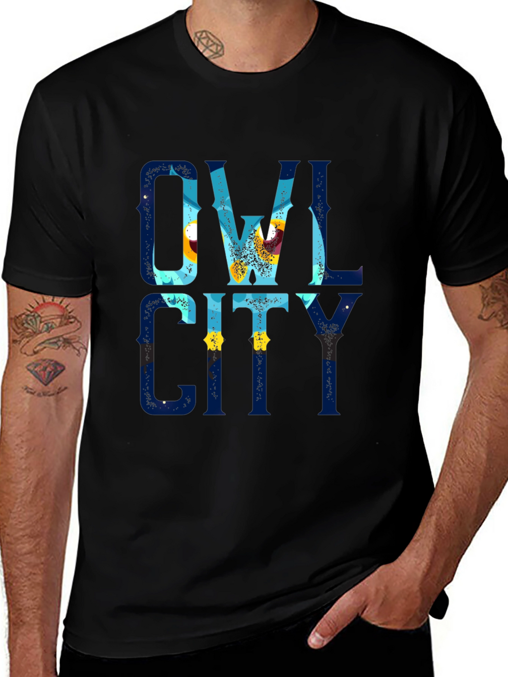 Owl City Graphic Print Black T-Shirt