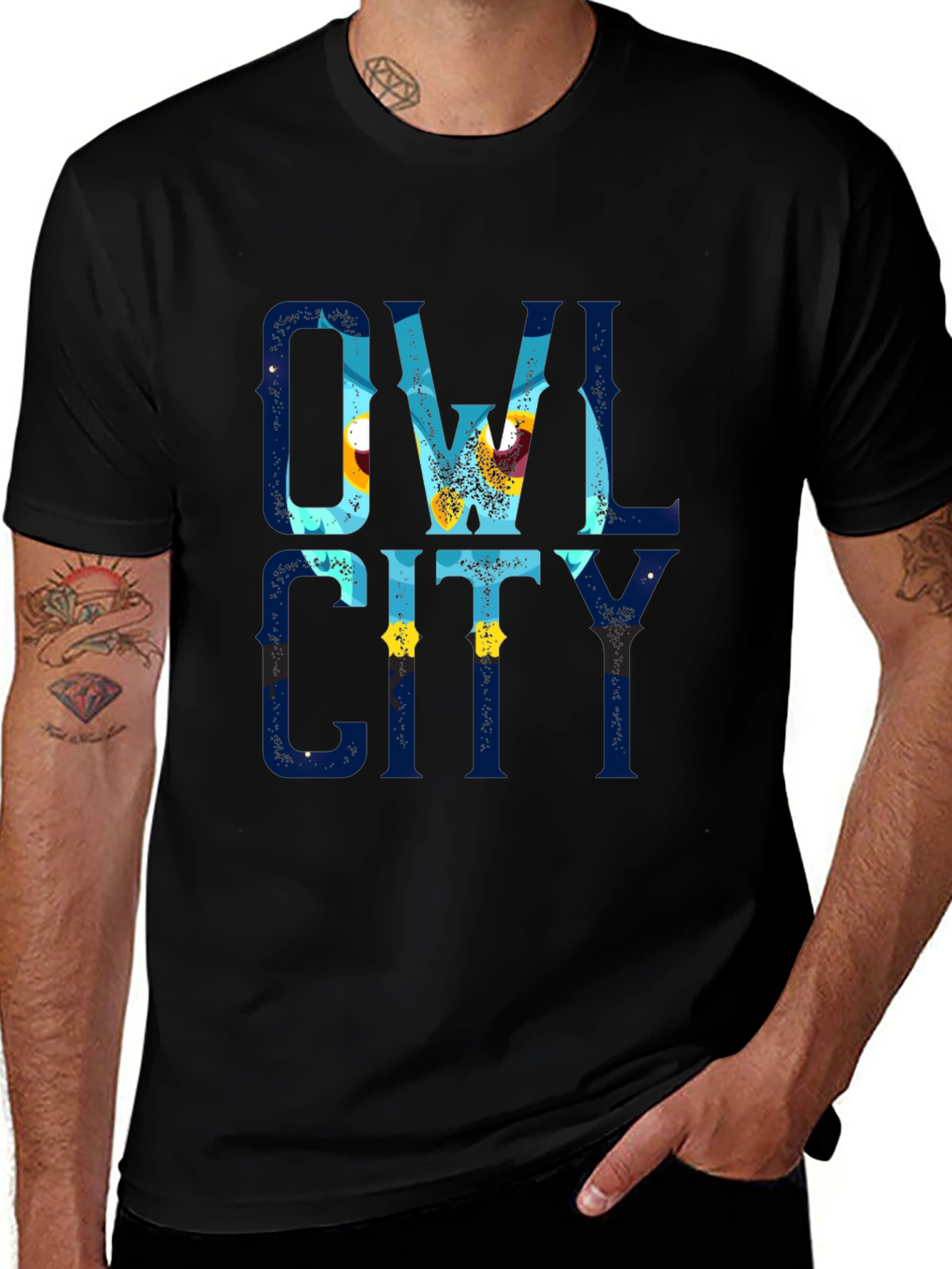 Owl City Graphic Print Black T-Shirt