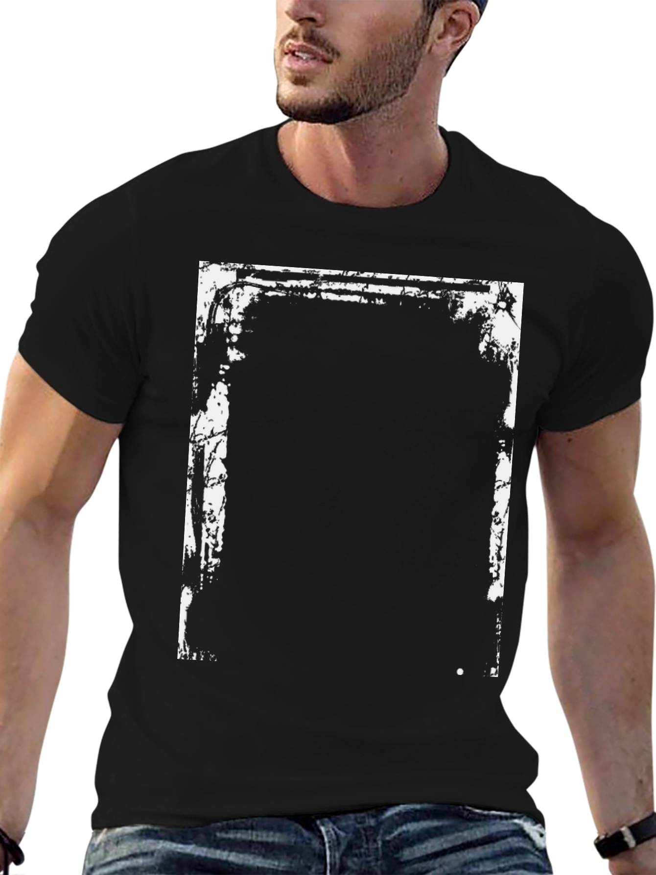 Edgy Graphic T-Shirt - Black with White Distressed Frame