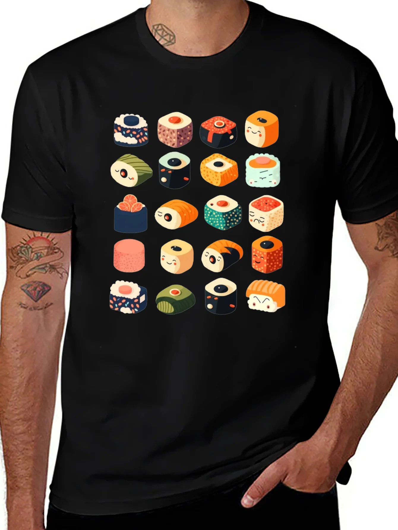 Sushi Pattern Black T-Shirt