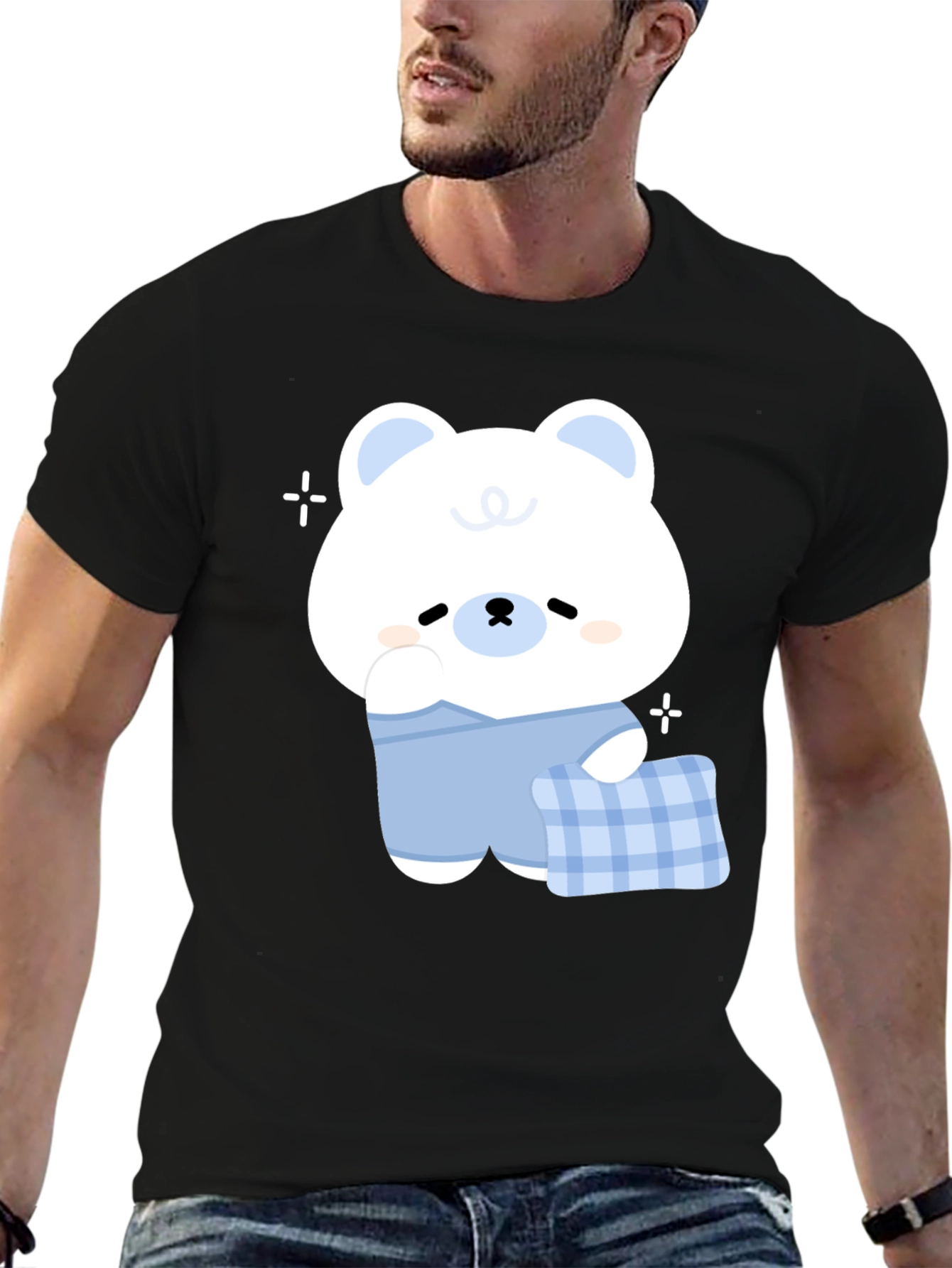 Cute Cartoon Bear Graphic Black T-Shirt