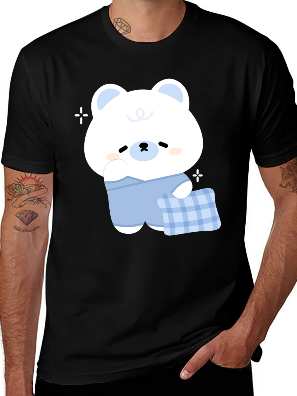 Cute Cartoon Bear Graphic Black T-Shirt