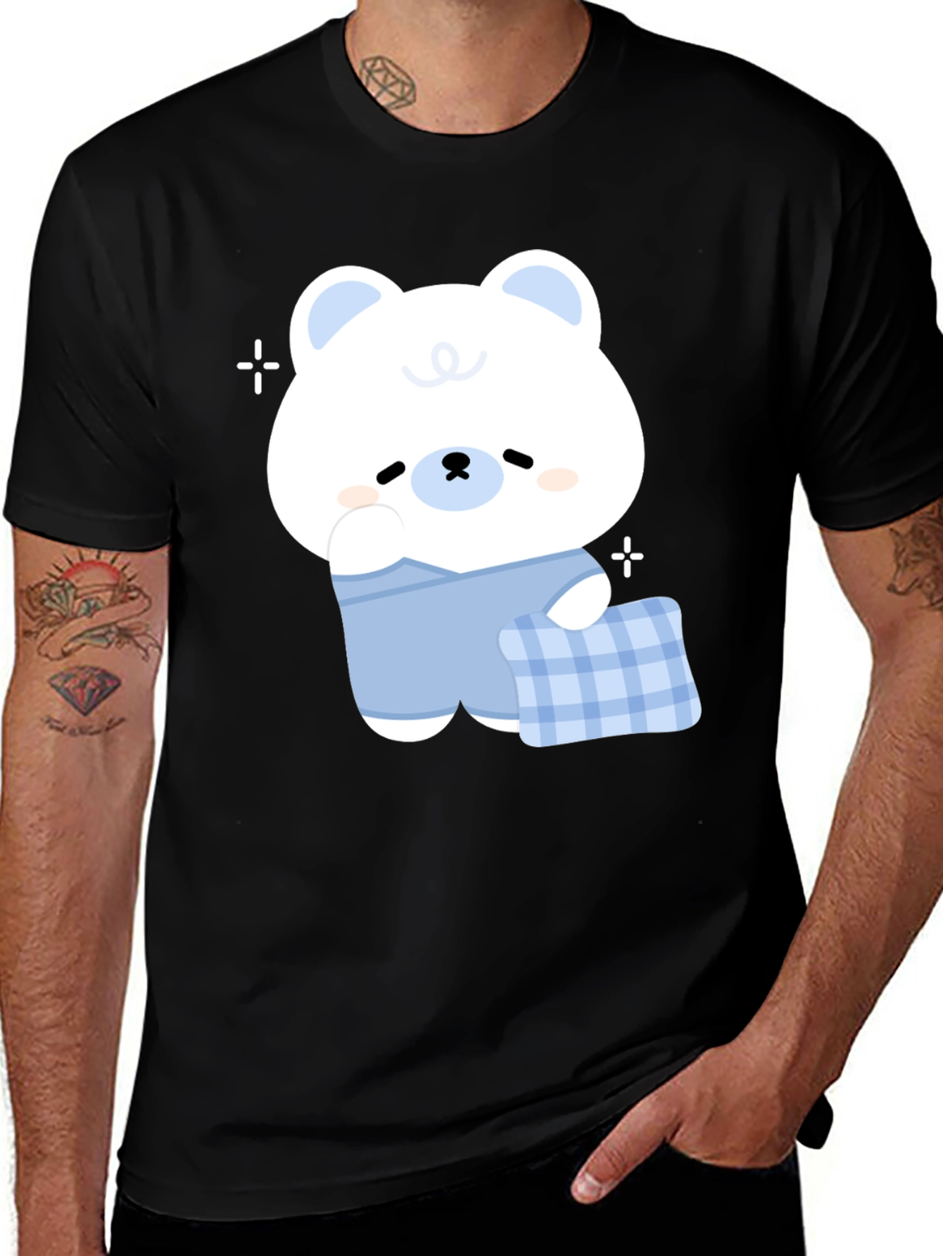 Cute Cartoon Bear Graphic Black T-Shirt