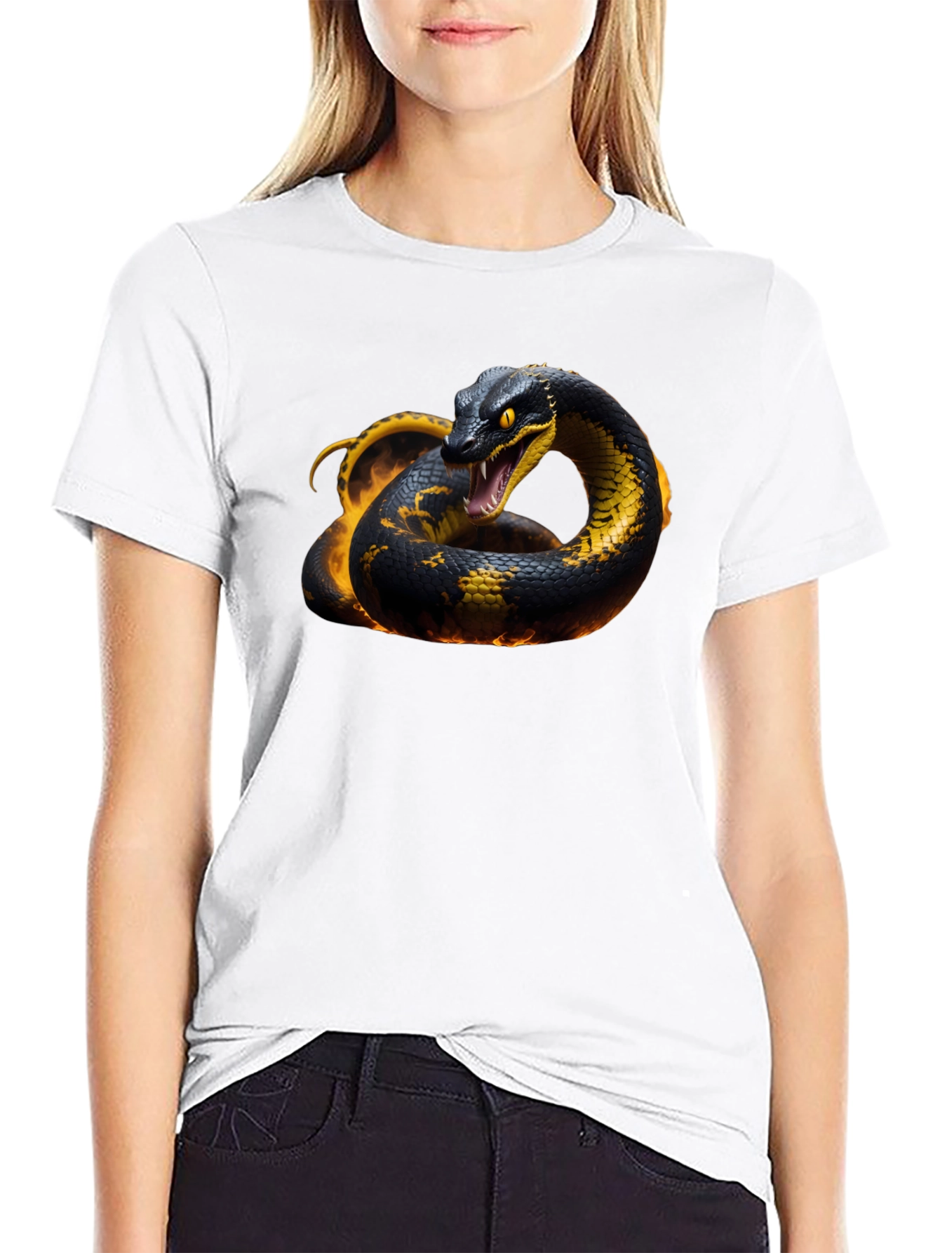 Black T-Shirt with Fiery Snake Design