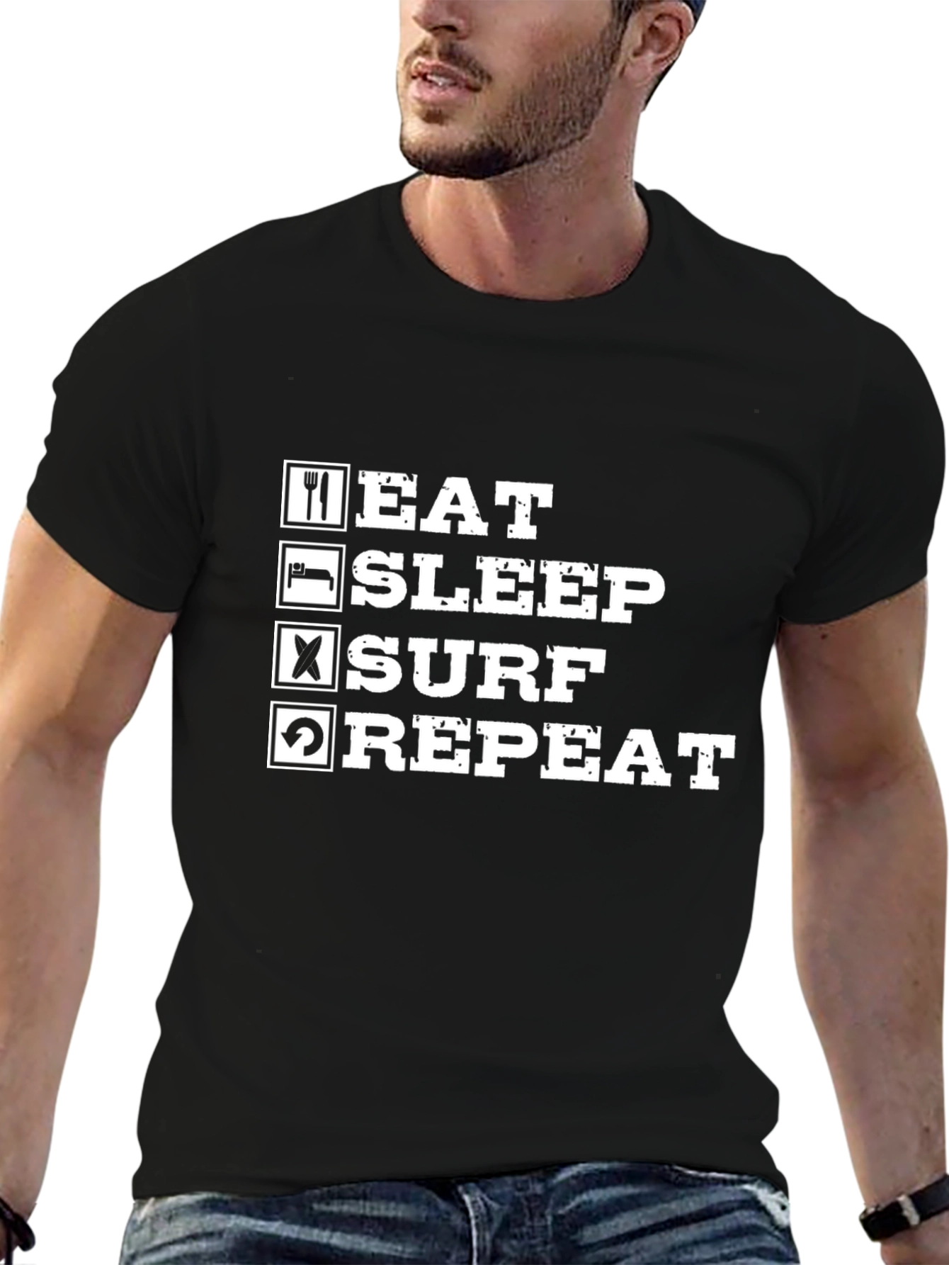 Eat Sleep Surf Repeat Black Graphic T-Shirt