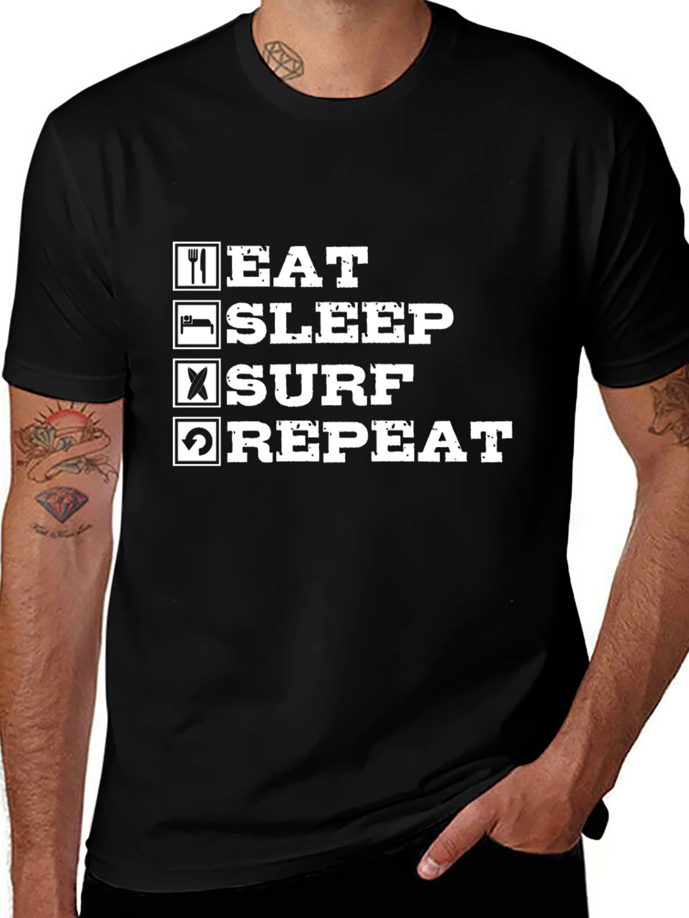 Eat Sleep Surf Repeat Black Graphic T-Shirt
