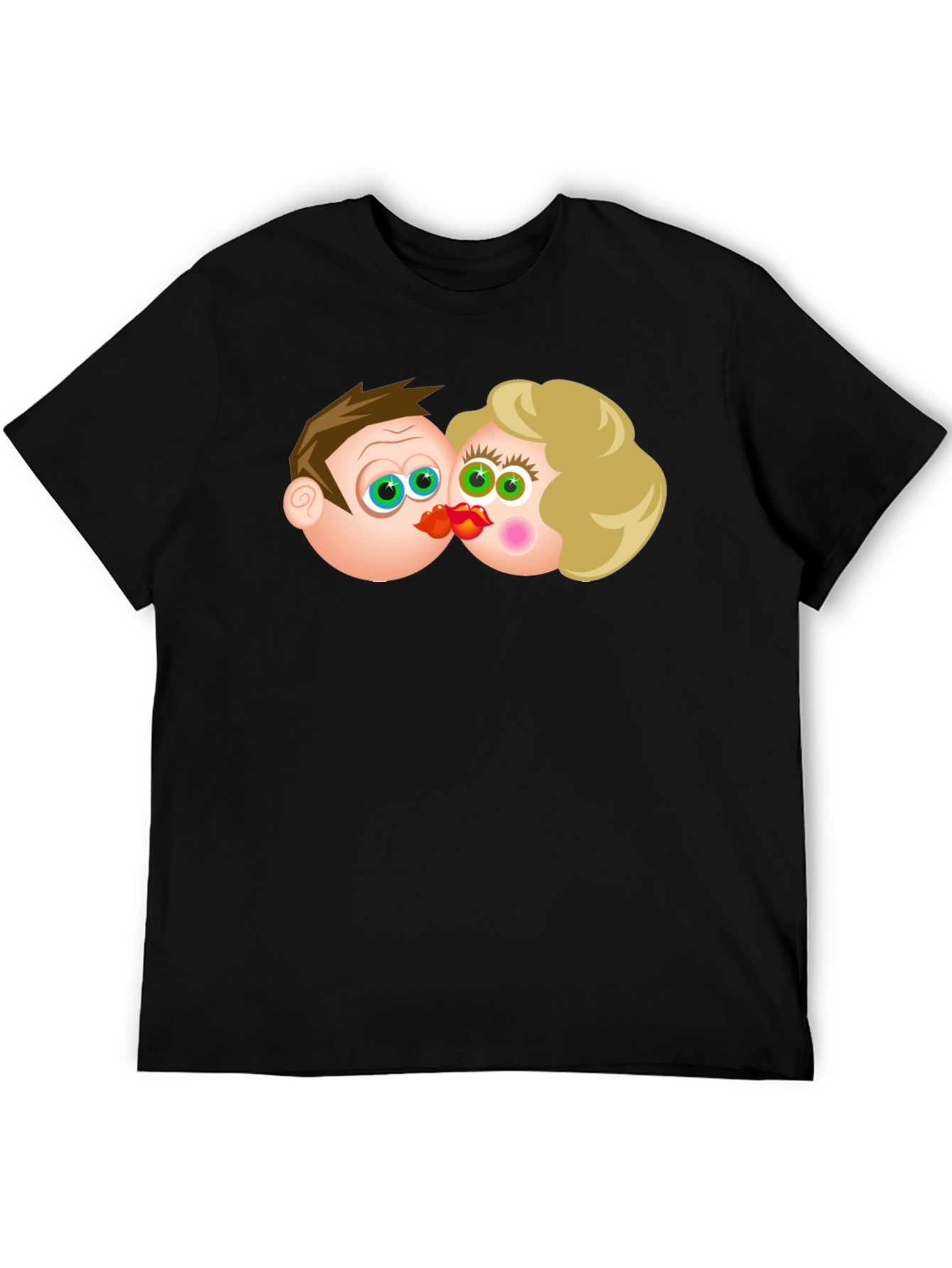 Cartoon Couple Kissing Black T-Shirt