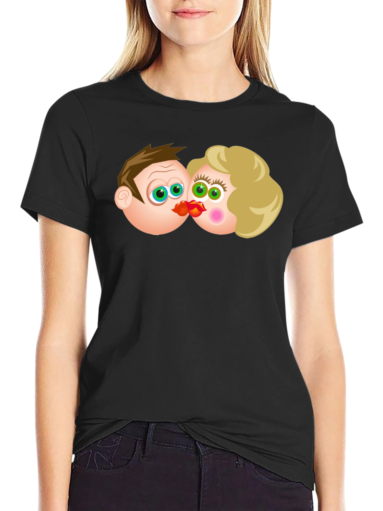 Cartoon Couple Kissing Black T-Shirt