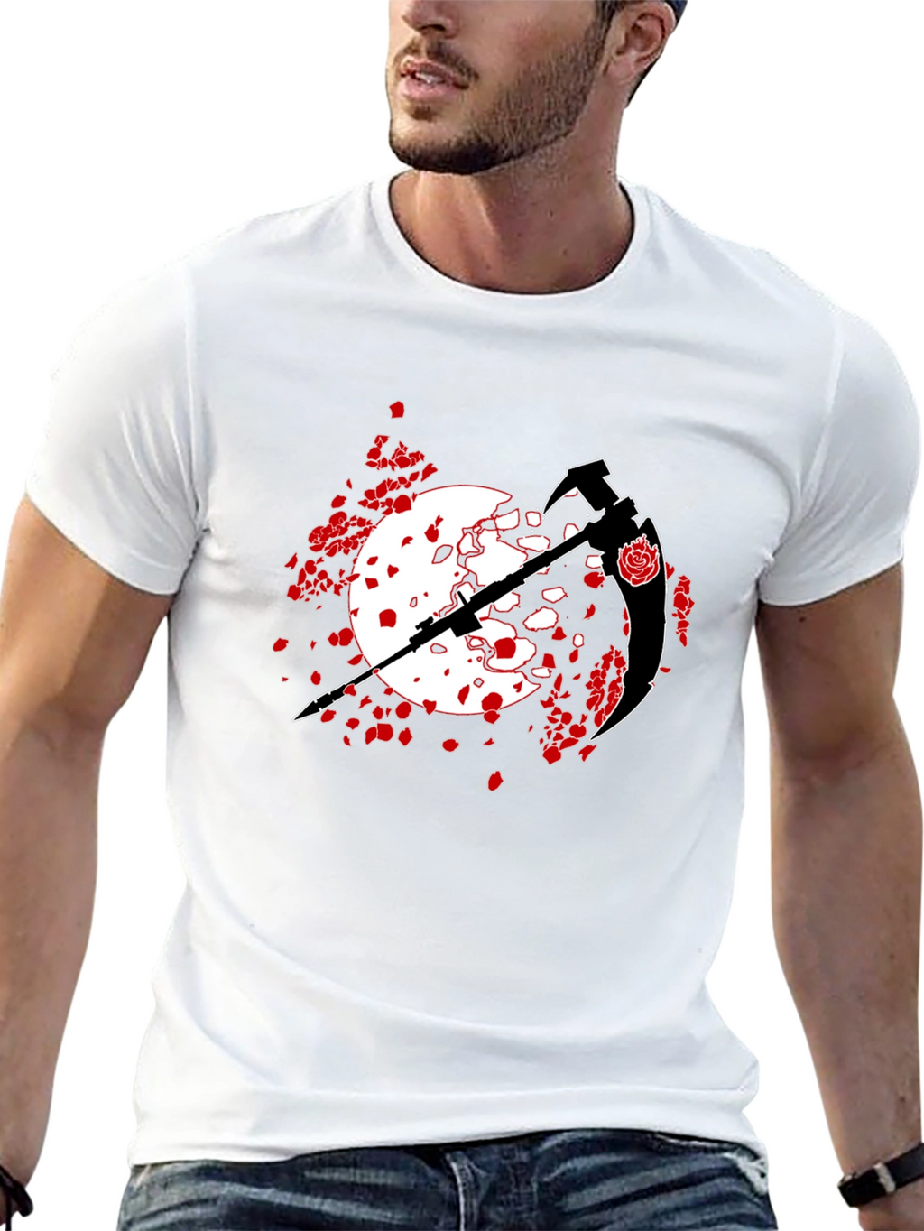 Black T-Shirt with Scythe and Rose Design