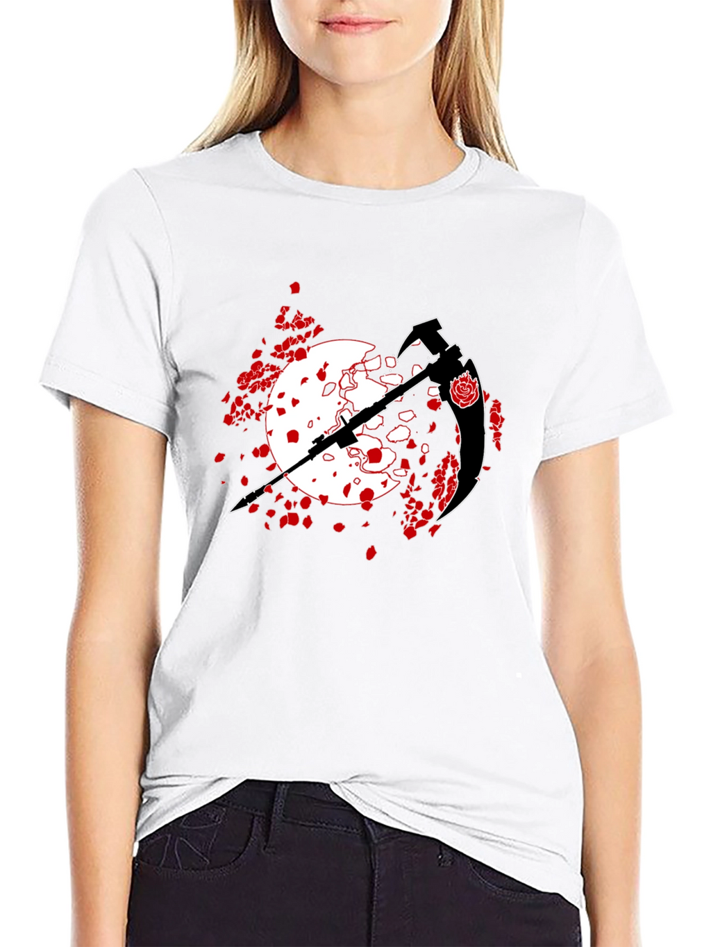 Black T-Shirt with Scythe and Rose Design