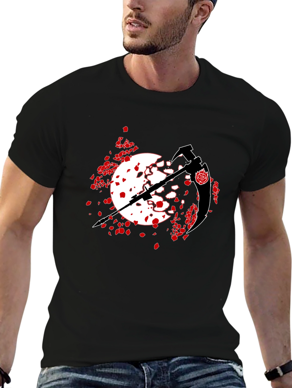 Black T-Shirt with Scythe and Rose Design