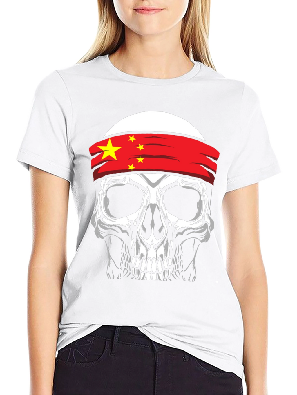 Skull with China Flag Headband Graphic T-Shirt