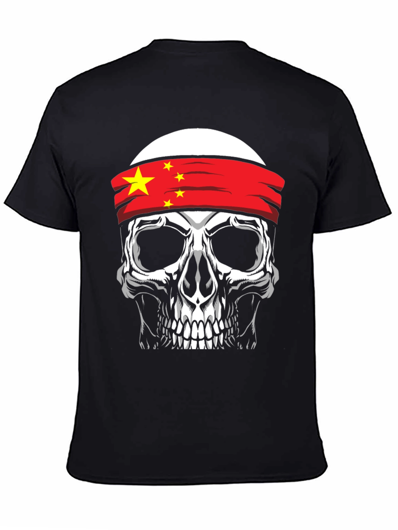 Skull with China Flag Headband Graphic T-Shirt