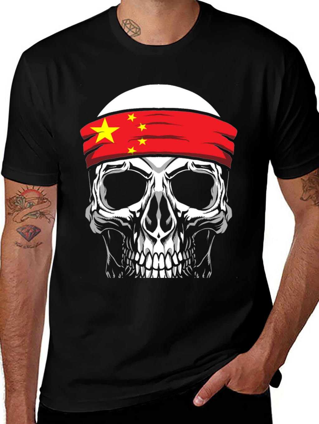 Skull with China Flag Headband Graphic T-Shirt