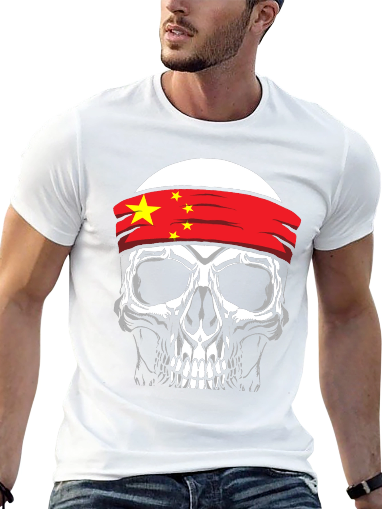 Skull with China Flag Headband Graphic T-Shirt