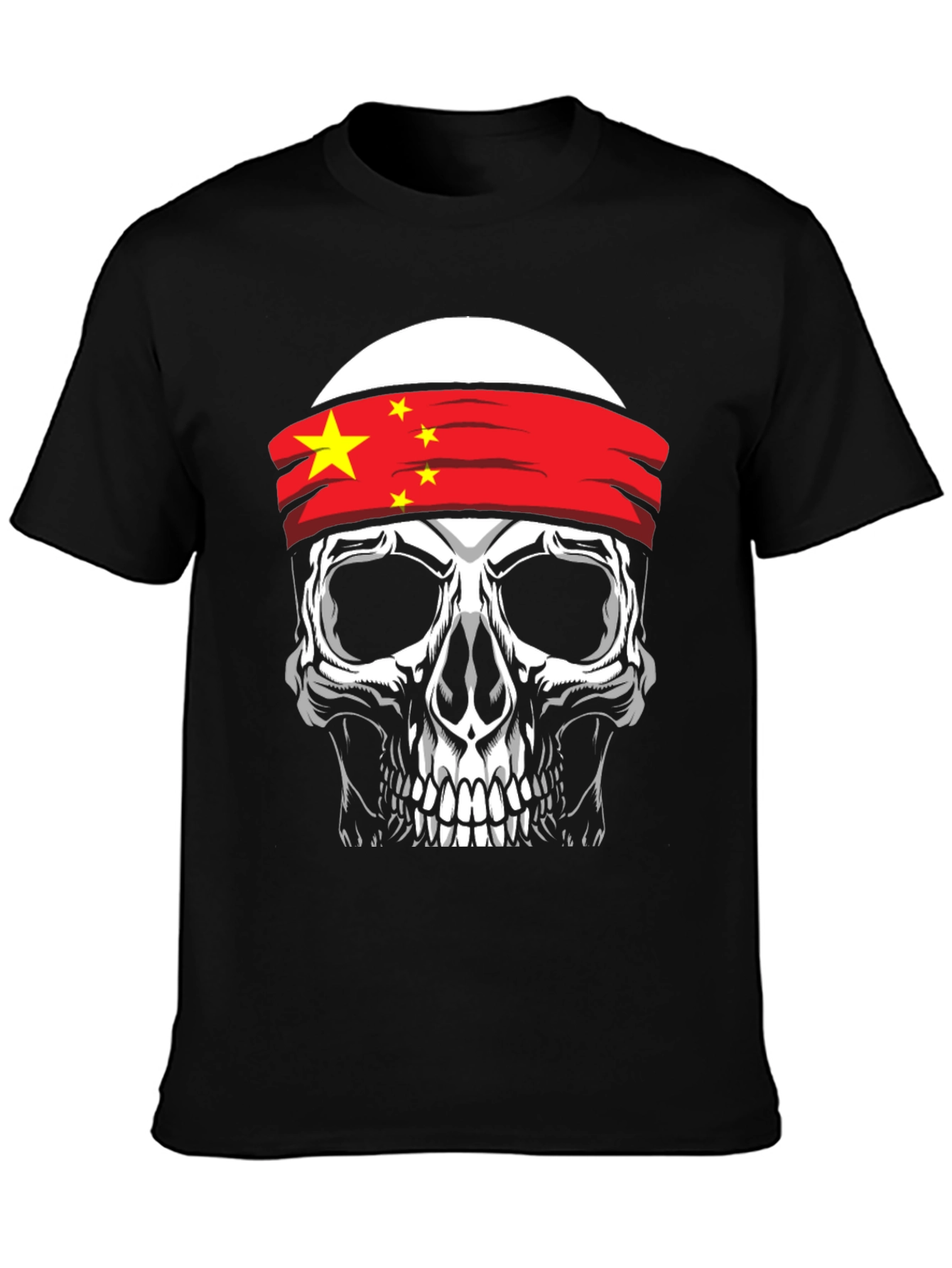 Skull with China Flag Headband Graphic T-Shirt