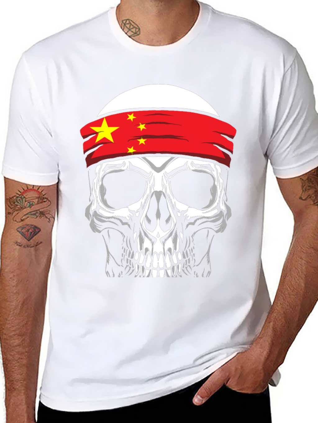 Skull with China Flag Headband Graphic T-Shirt