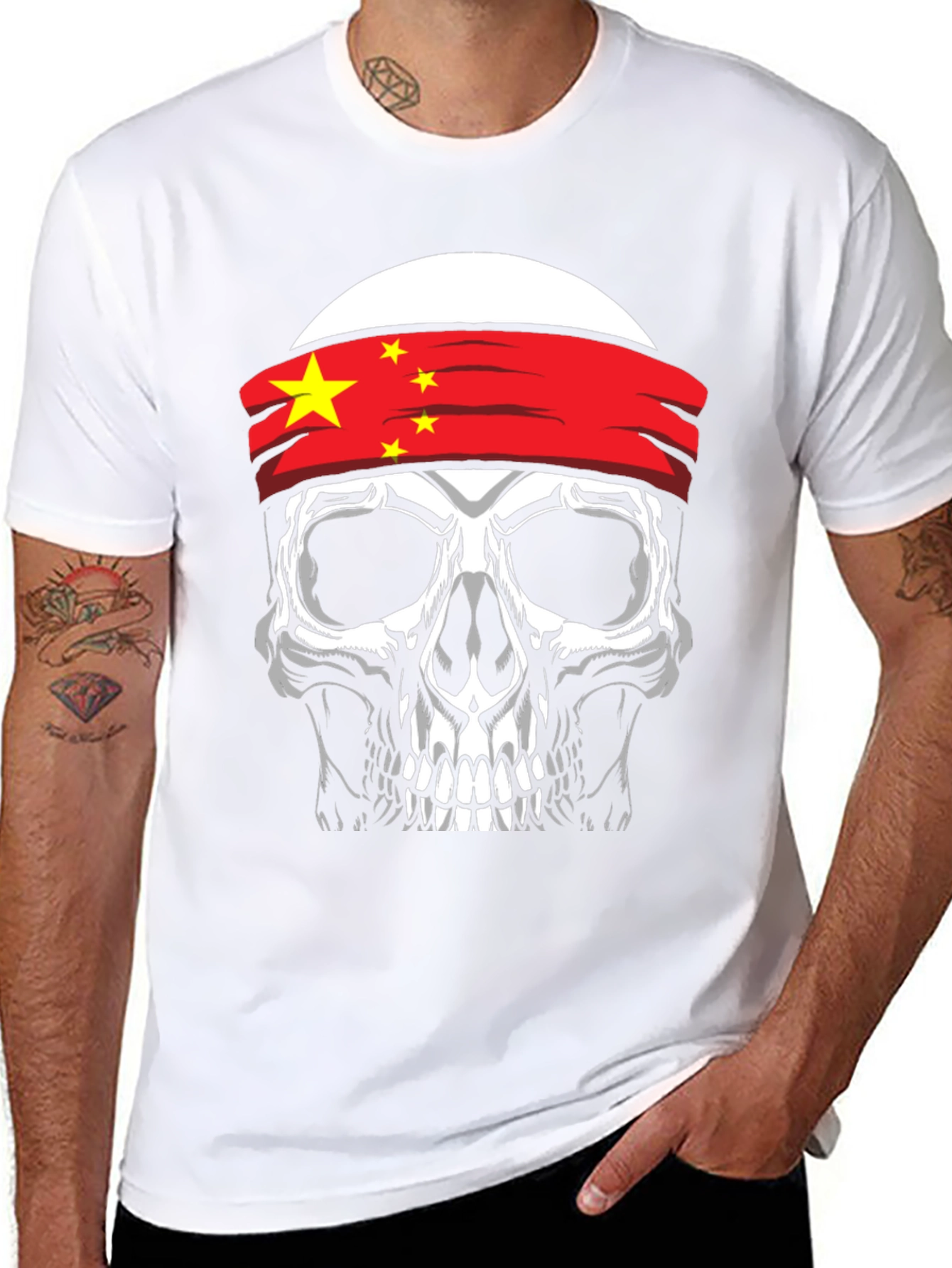 Skull with China Flag Headband Graphic T-Shirt