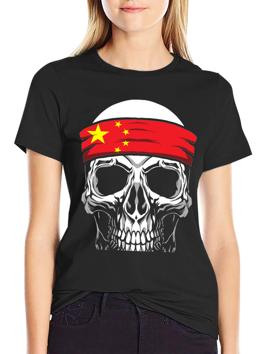 Skull with China Flag Headband Graphic T-Shirt