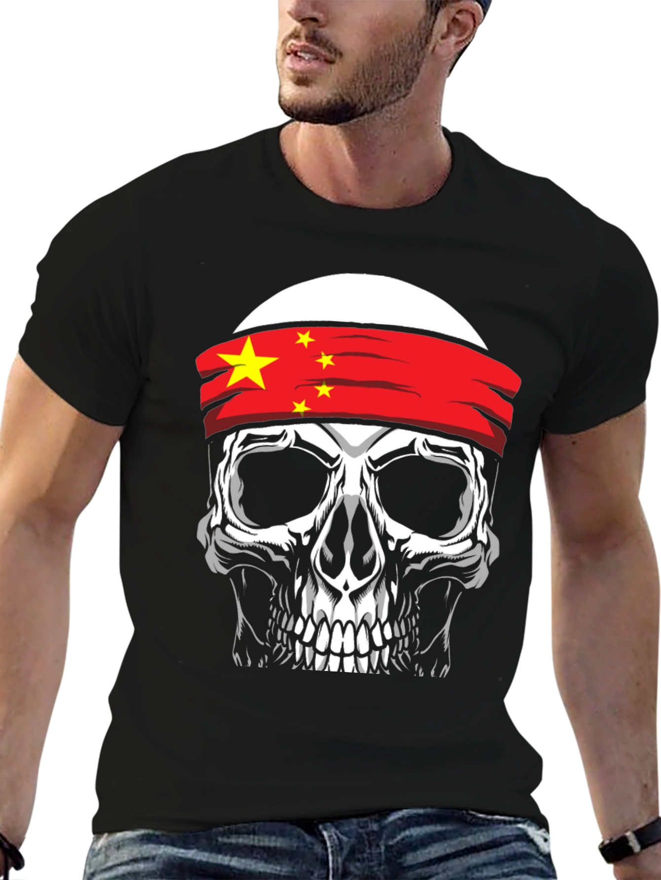 Skull with China Flag Headband Graphic T-Shirt