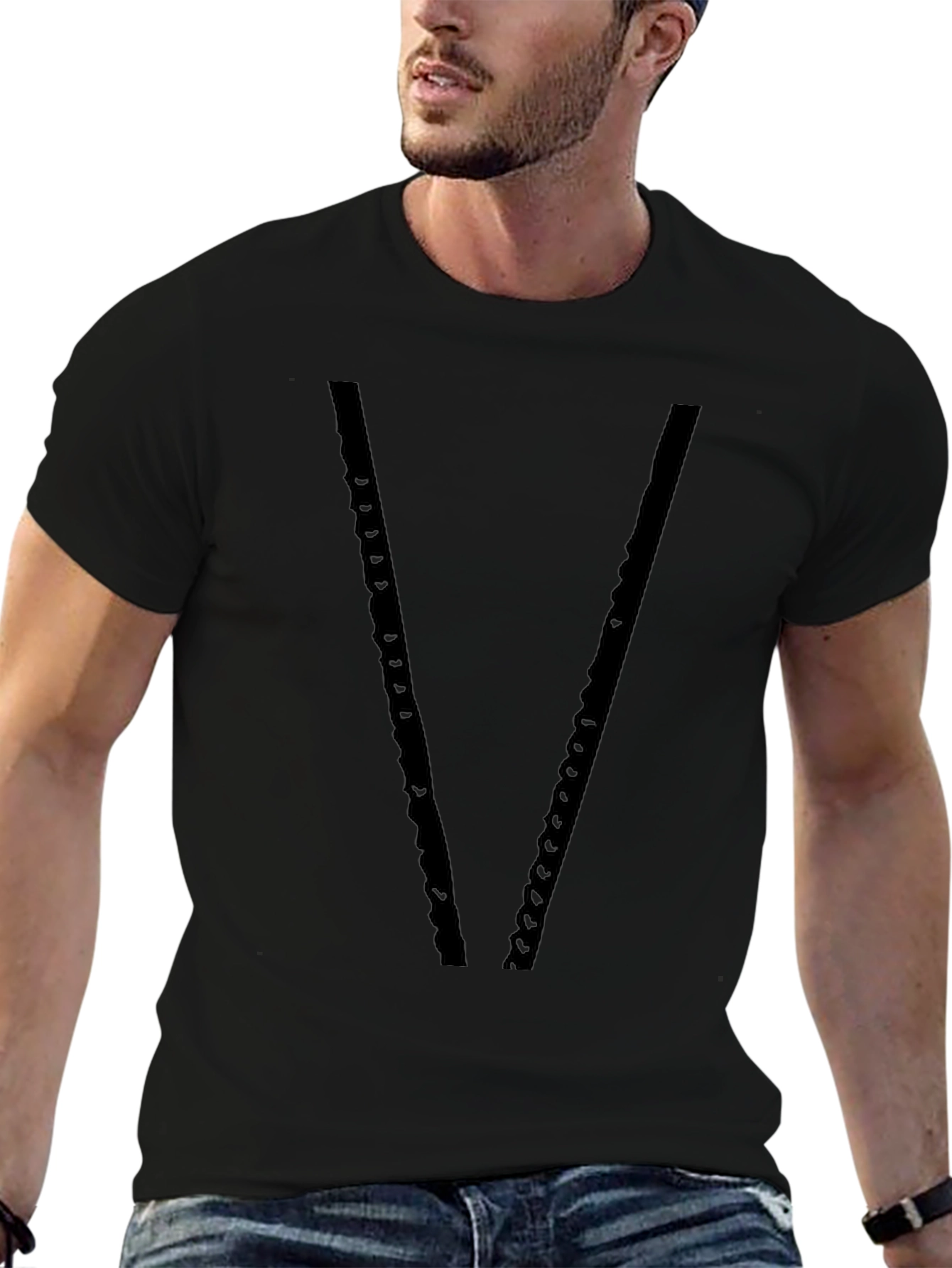 Mens Black V-Neck Chain Design T-Shirt