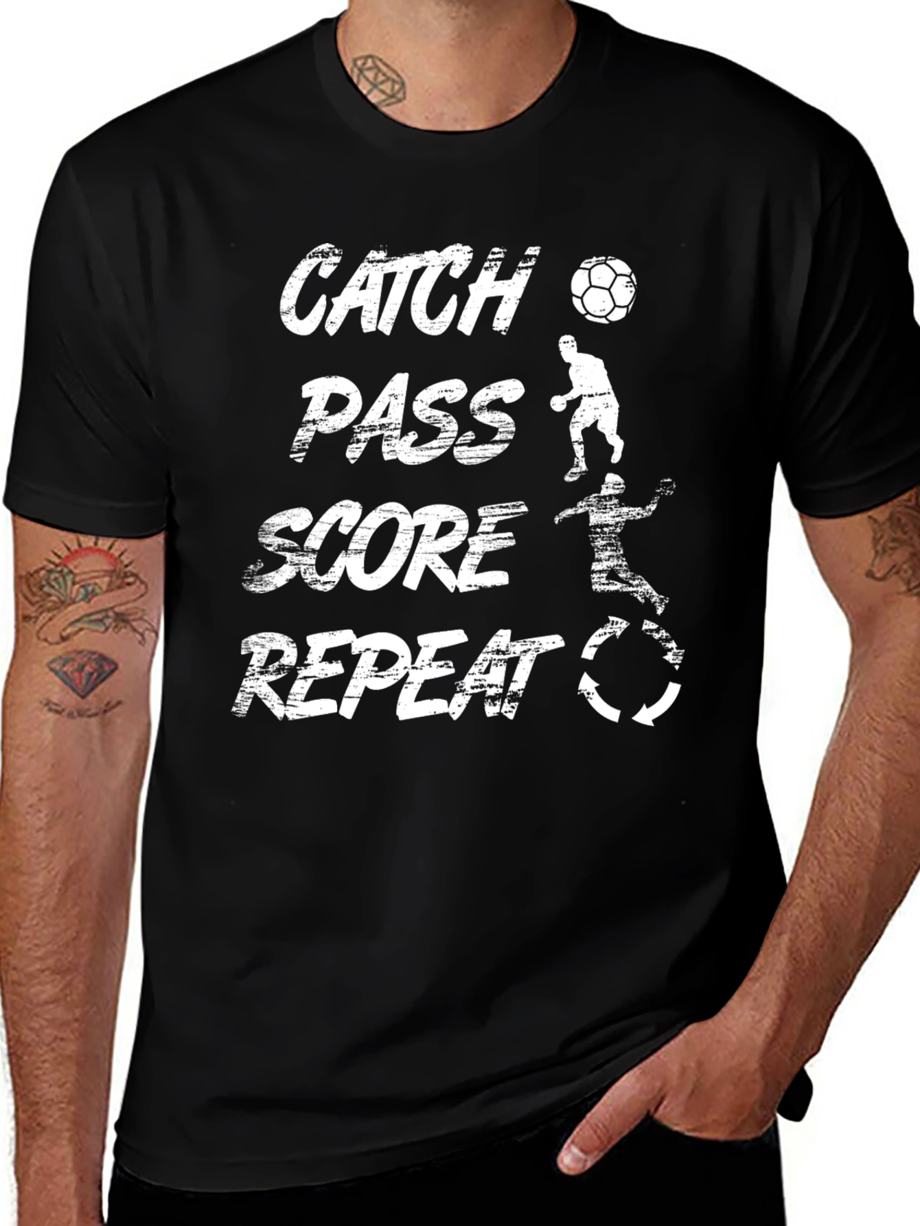 Catch Pass Score Repeat T-Shirt - Black Soccer Tee