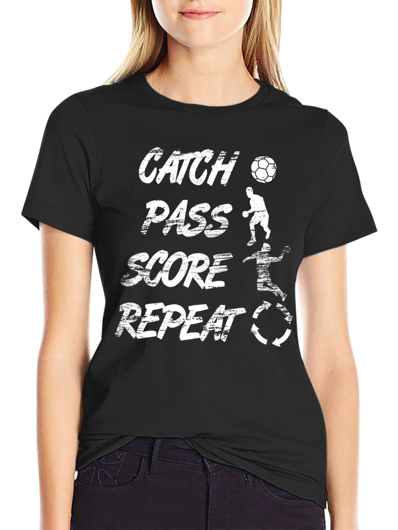 Catch Pass Score Repeat T-Shirt - Black Soccer Tee
