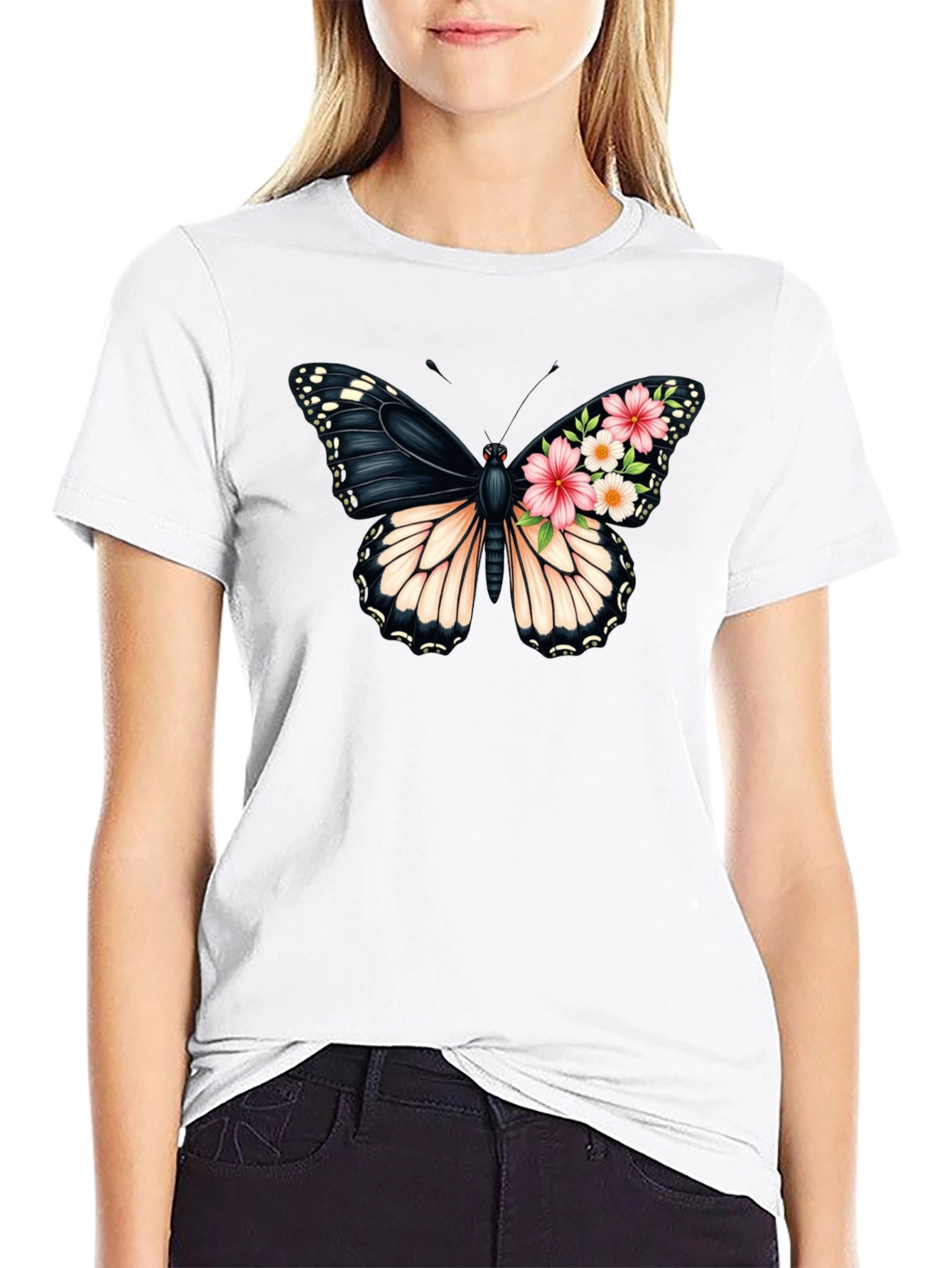 Butterfly Floral Graphic Black T-Shirt