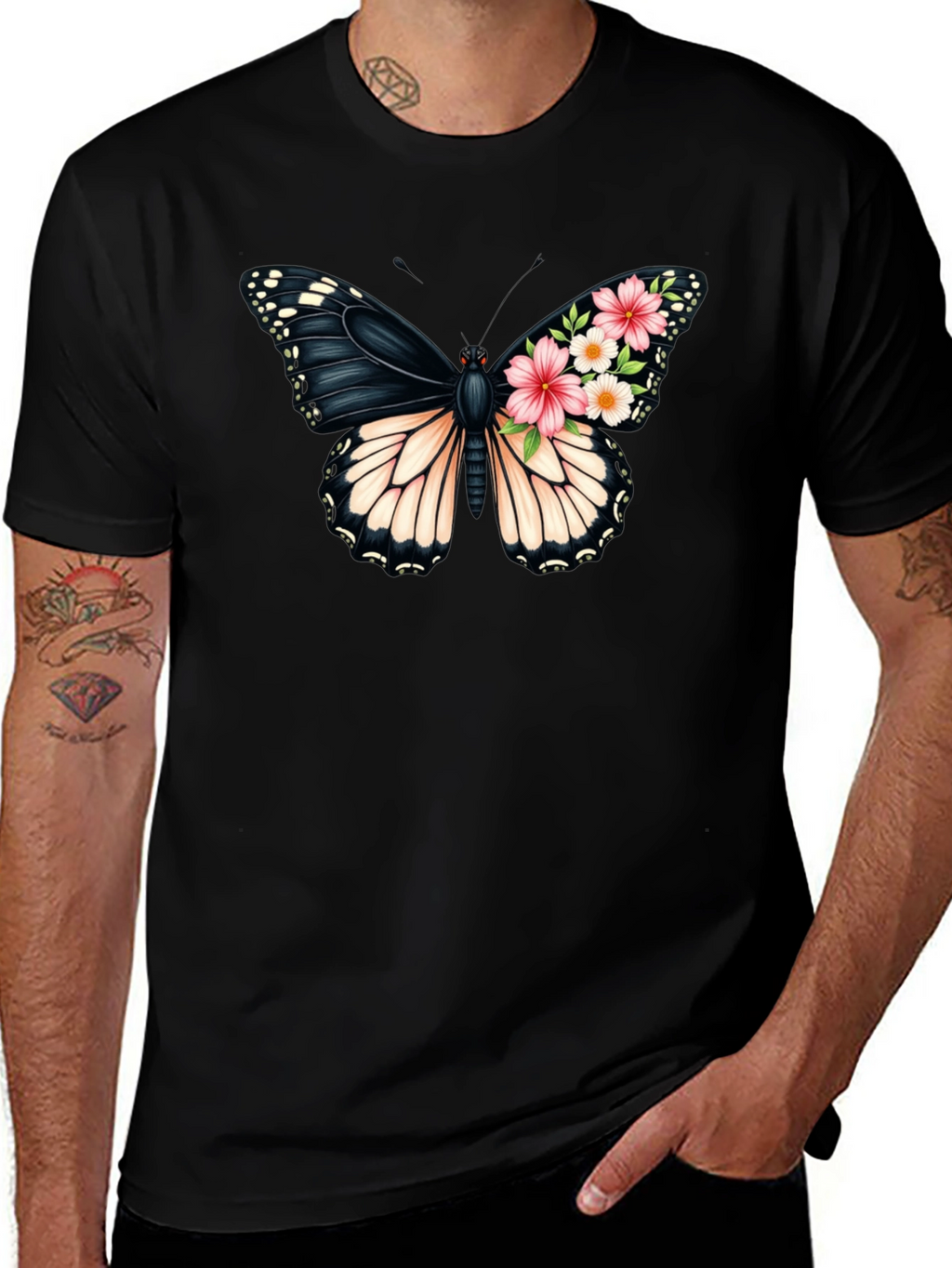 Butterfly Floral Graphic Black T-Shirt