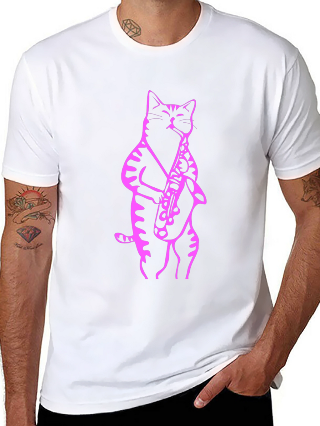 Cat Saxophone T-Shirt - Black Tee