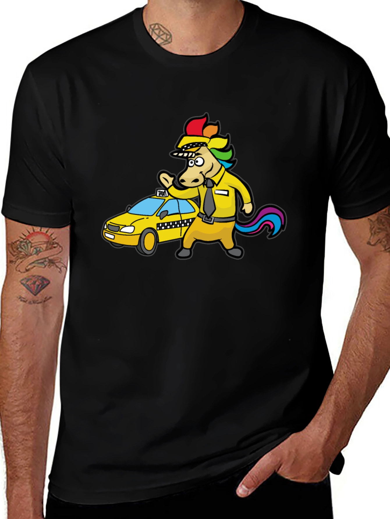 Unicorn Taxi Driver Graphic Tee - Black Cotton T-Shirt