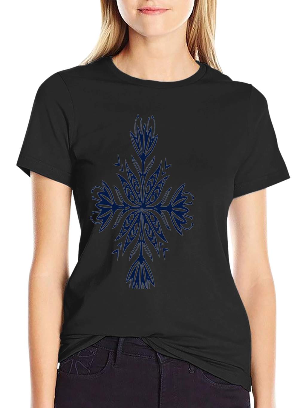 Mens Black T-Shirt with Blue Floral Design